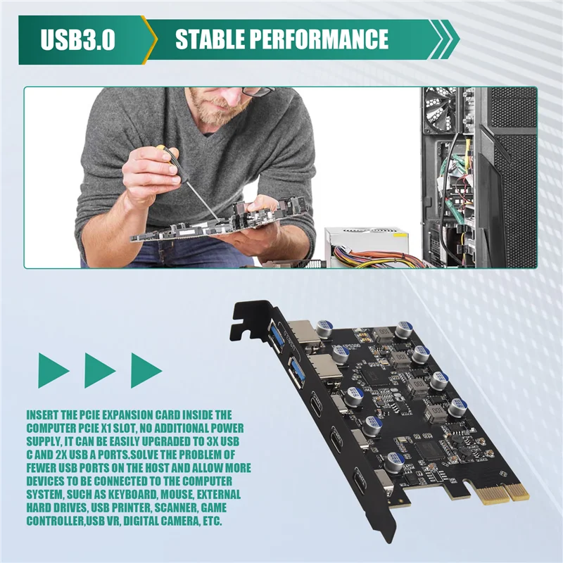 

Карта расширения Pcie на 5 портов (3X USB C, 2X USB 3.0-A) Карта расширения PCI Express для Windows 10/8/7 и MAC OS 10.8.2