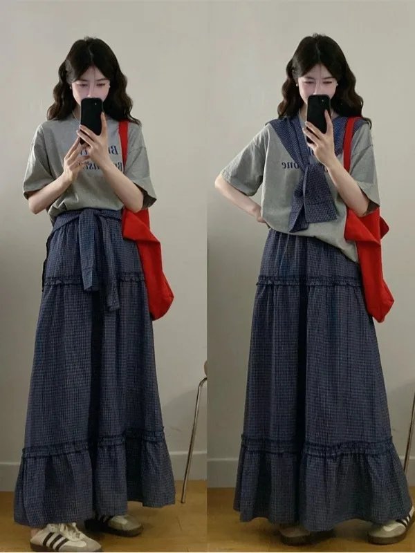 

plus Size Fashion Set Women Summer Sleeveless Letter Print Top Plaid Skirt Three Piece Set Stylish Casual Outfit for plu...