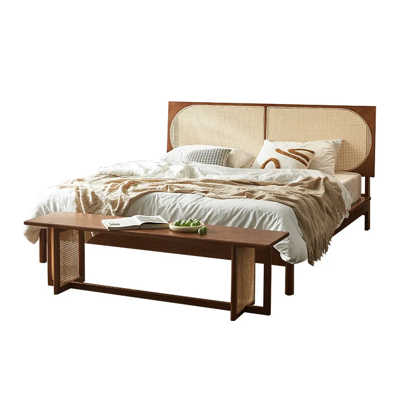 

Japanese-style solid wood bed and breakfast hotel wabi-sabi double retro rattan bed 1.51.8 meters small apartment master