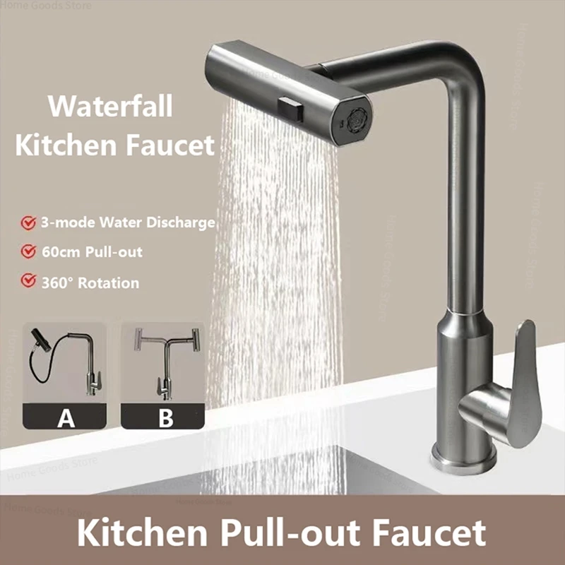 3 Mode Kitchen Faucets Pull Out Rotation Waterfall Stream Sprayer Head Sink Mixer Hot Cold Single Hole Sink Wash Tap