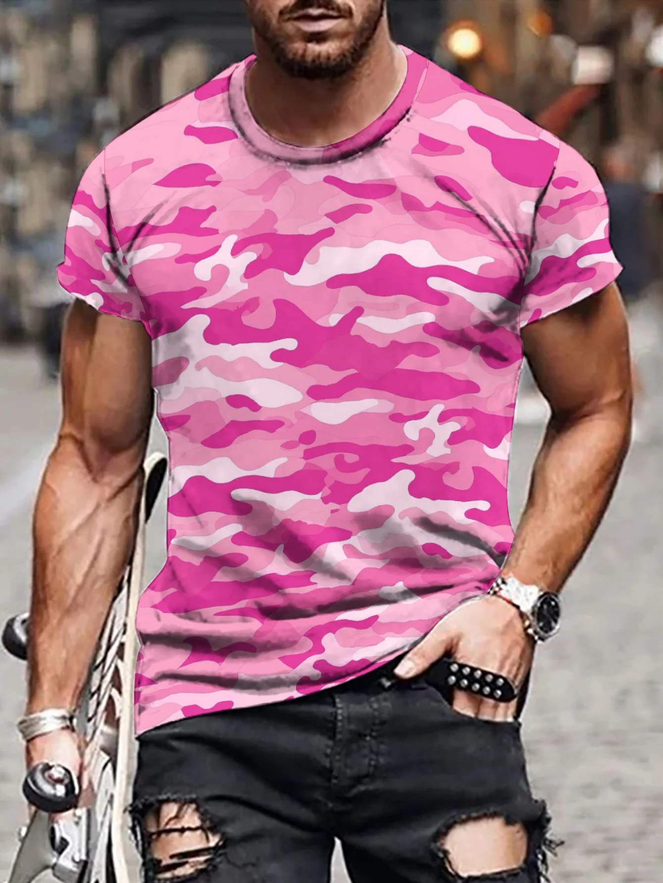 2024 New Men's 3D Graffiti Camouflage Pattern T-shirt, Casual Cool Micro Elastic Breathable T-shirt, Summer Outdoor Men's Wear