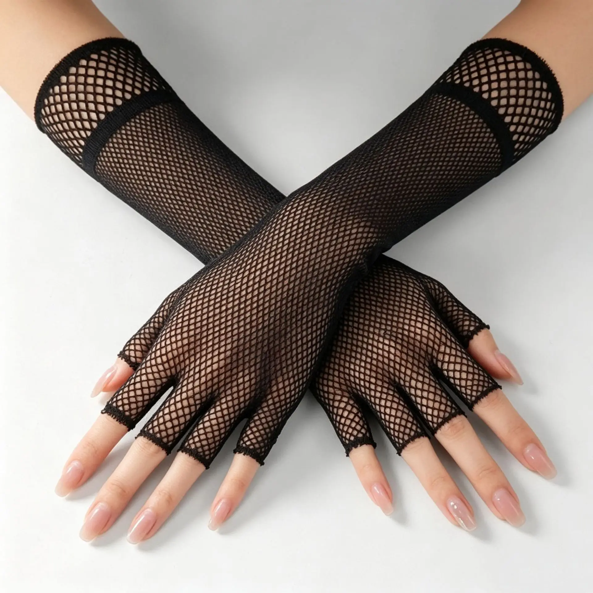 Fishnet Gloves Long Fingerless Sexy Hollow Mesh Party Ball Etiquette Dark Women Lightweight Breathable Nylon Spandex Black