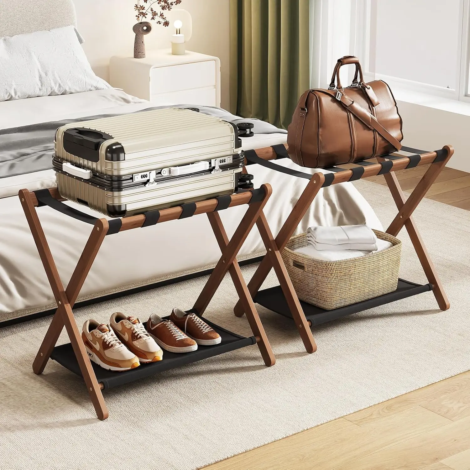 

2 упаковки бамбуковых багажников из орехового дерева, складные с полкой для хранения, вмещает 165 фунтов для гостиничной комнаты