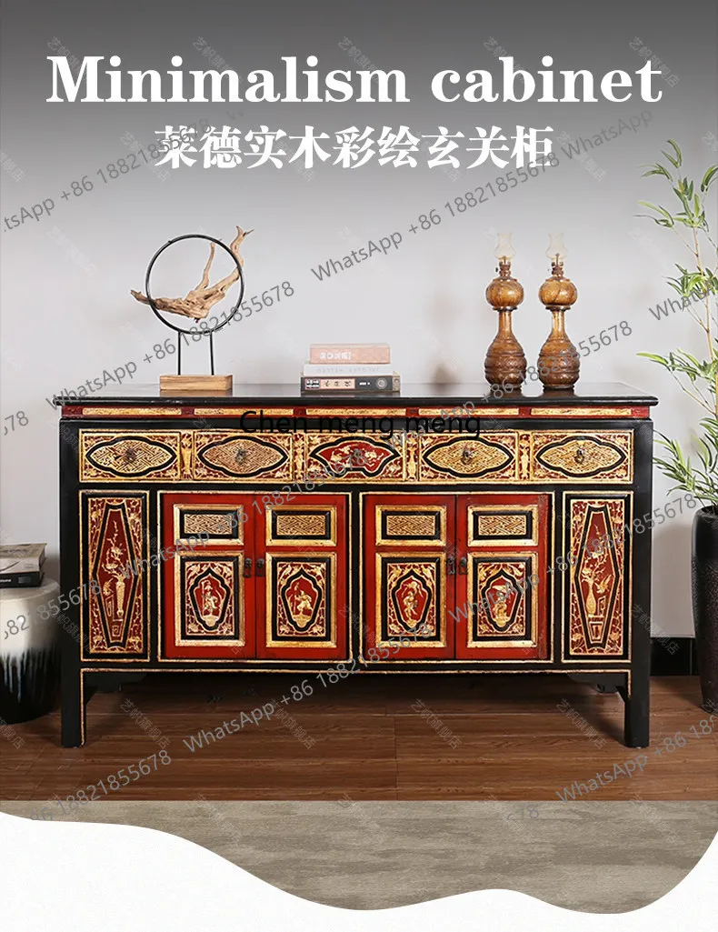 New Chinese Style Retro Carved and Painted Entryway Cabinet Partition Retro Storage Living Room Decorative Sideboard