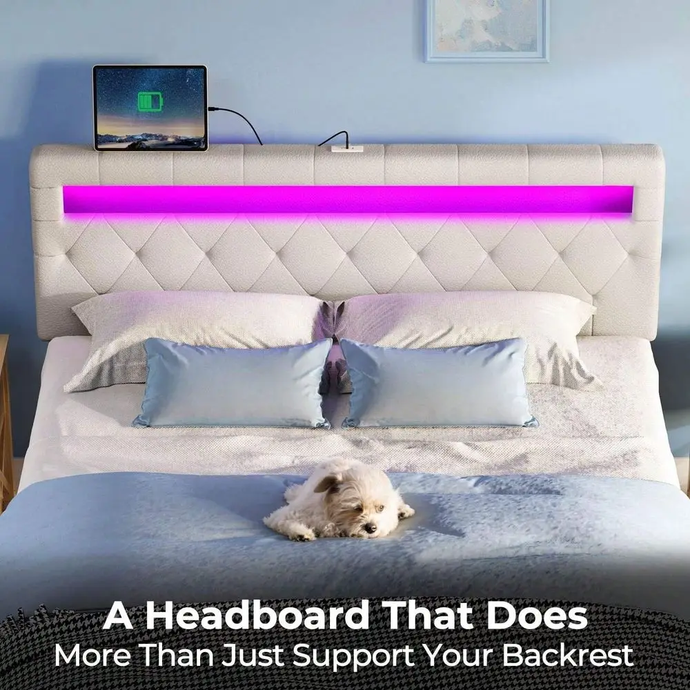 

holstered Headboard With 60,000 DIY Color Of LED Light Padded Polyester USB Type C Post, Attach Frame, Height Adjustable, Wal