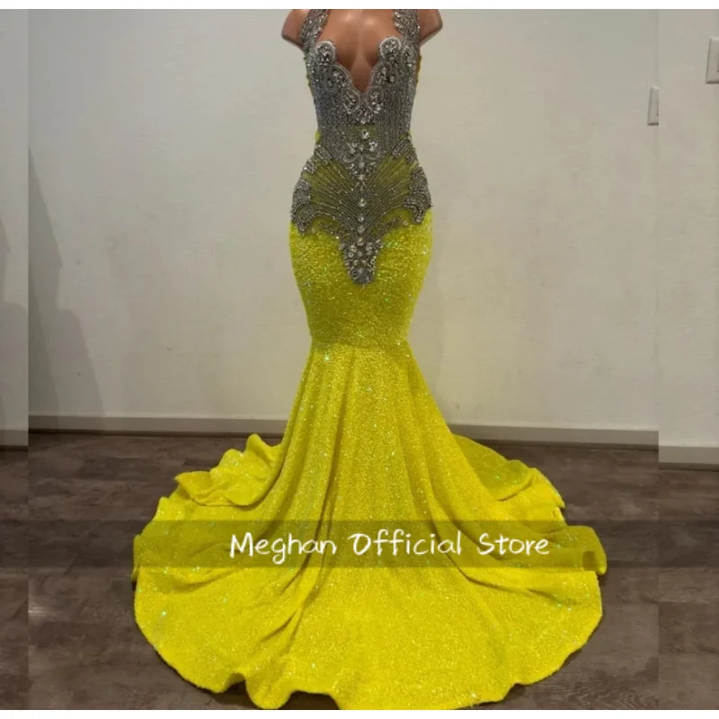 Gelbe glitzernde afroamerikanische Ballkleider für schwarze Mädchen, Meerjungfrau, Pailletten, Kristalle, Robe De Soiree, Abendkleid, individuell gestaltet