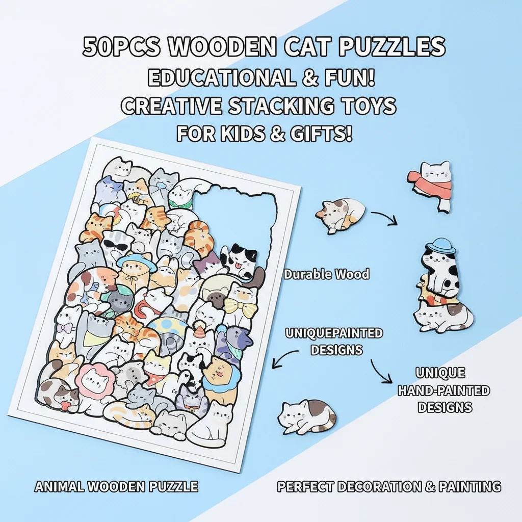 

50PCS Wooden Animal Puzzle Stacking Toys Wooden Puzzle for Kids And Adults Educational Puzzle Gifts Decoration Painting