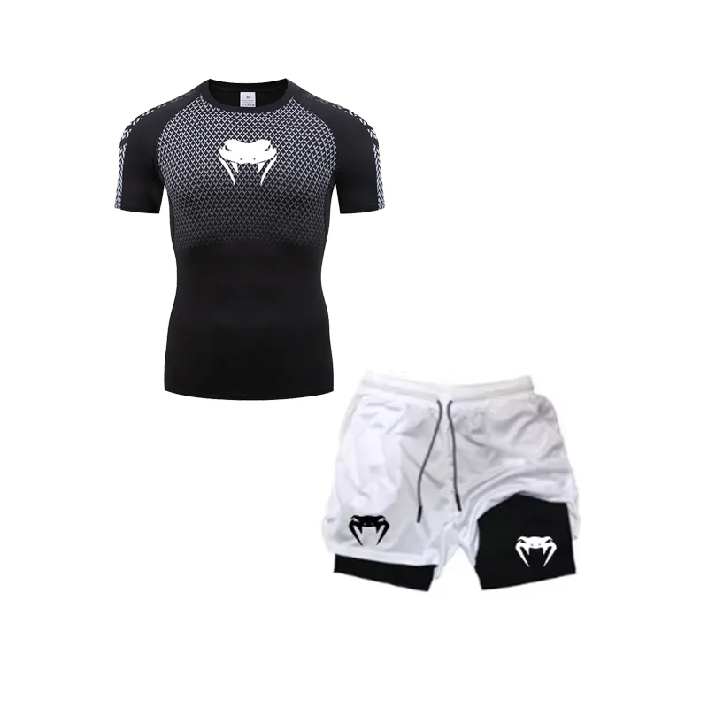 Men's exercise compression collection, Venom-printed gym T-shirts, breathable running shorts, quick-drying sports rash protectio