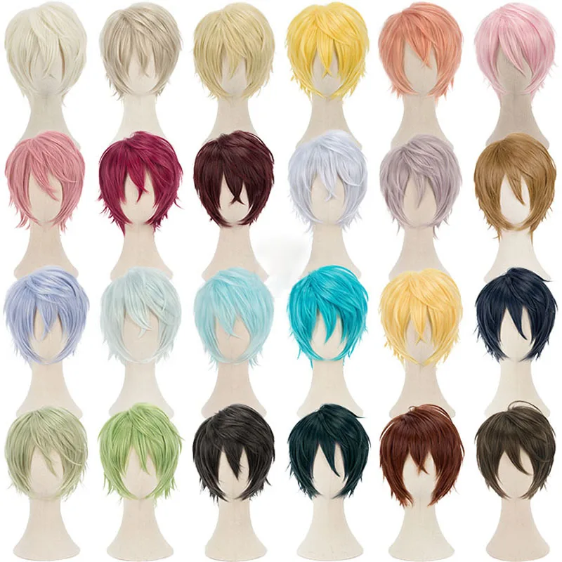 30cm Short Straight Cosplay Wig Tilt Up Shaggy Fluffy Layered Heat Resistant Synthetic Hair 48 Colors Game Anime Wigs + WigCap