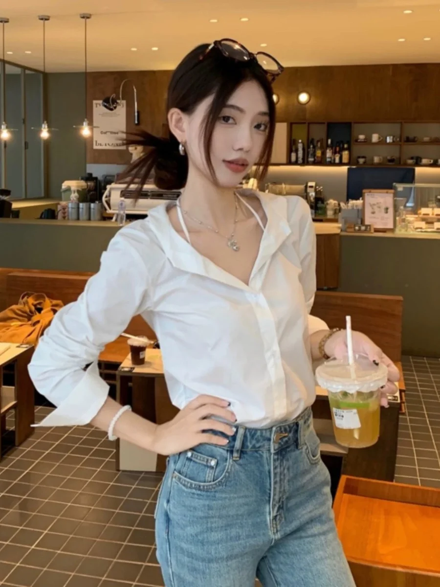 

Белый длинный све irt Jaet женский ранняя осень свободный утягивающий повседневный солнцезащитный топ с воротником для поездок на работу