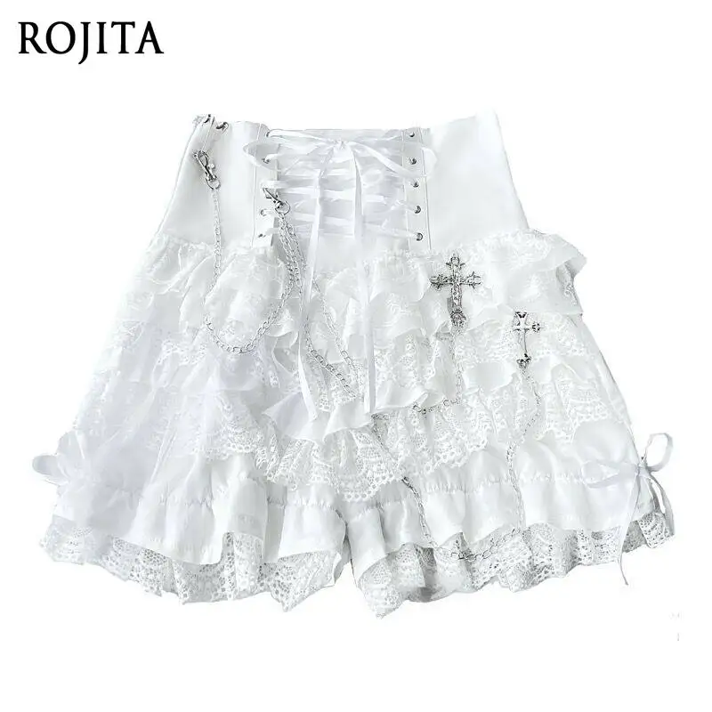 

White Gothic Cross Lace Ruffle Skort Women Gothpunk Dark Chain Lace Strap Versatile Skirt Pants Short Skirt Spring Summer