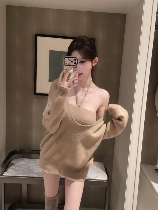 

Ladies' Lazy Style Loose Knitted Sweater Set V-Neck Long Sleeve High Waist Autumn Winter Casual Fashion Two-Piece Ensemble