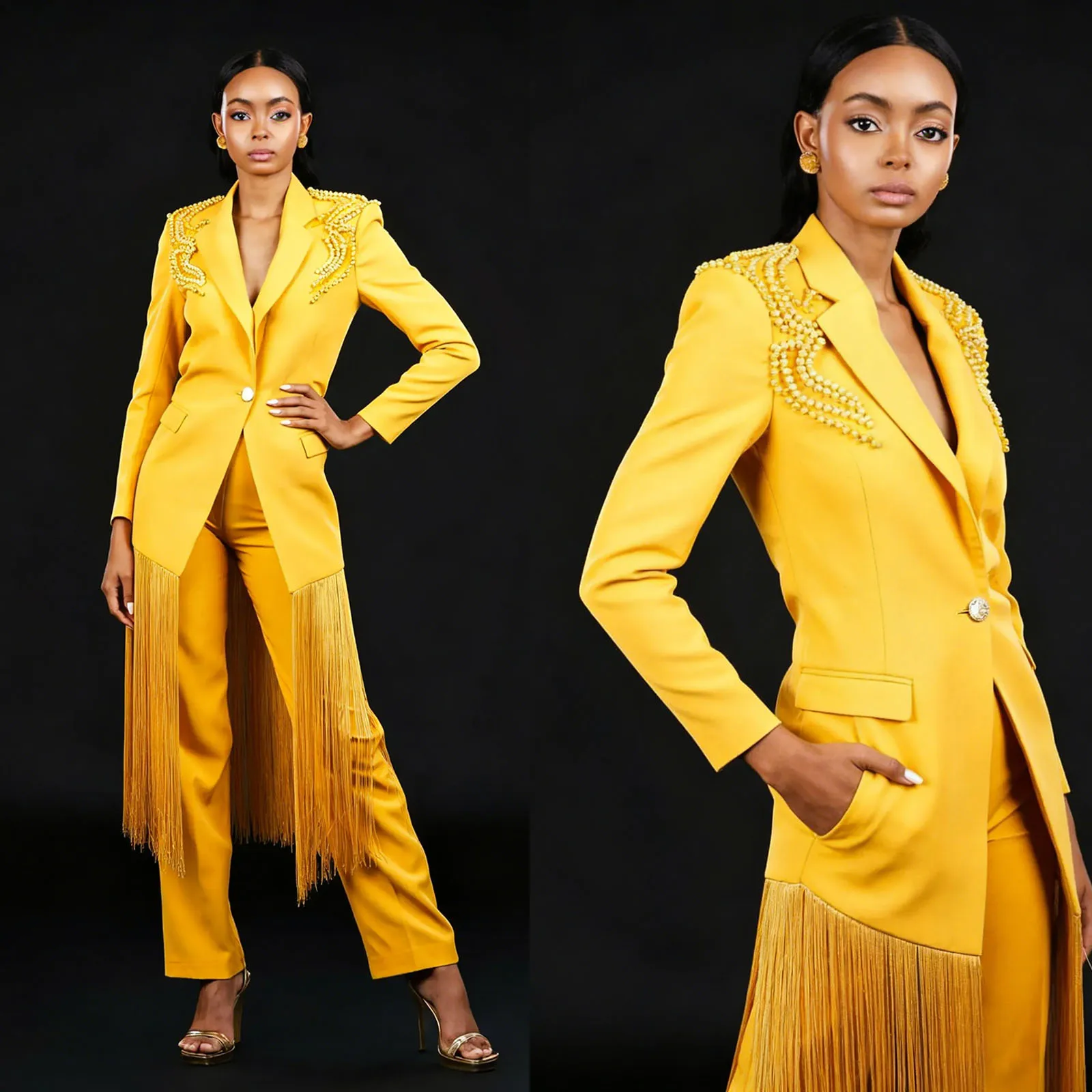 Yellow Tassel Long Women Blazer Suits Plus Size 2 Pieces Slim Fit Beads Mother Suits Customized Party Evening Outfit