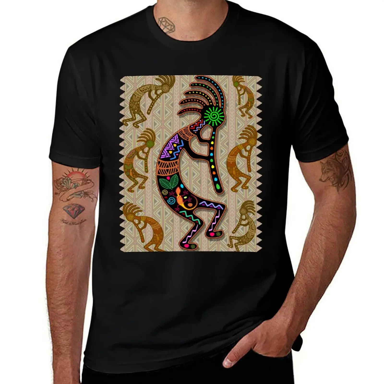 

Kokopelli Rainbow Colors on Tribal Pattern T-Shirt anime t shirts for man t shirt for man man tshirt T-shirt