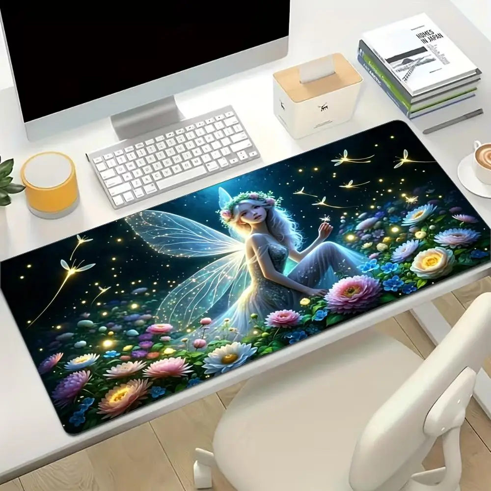 Starry Night Winged Fairy Gaming Mouse Pad Non Slip Rubber Stitched Edge Keyboard Table Mat For Laptop Office Desktop Setup