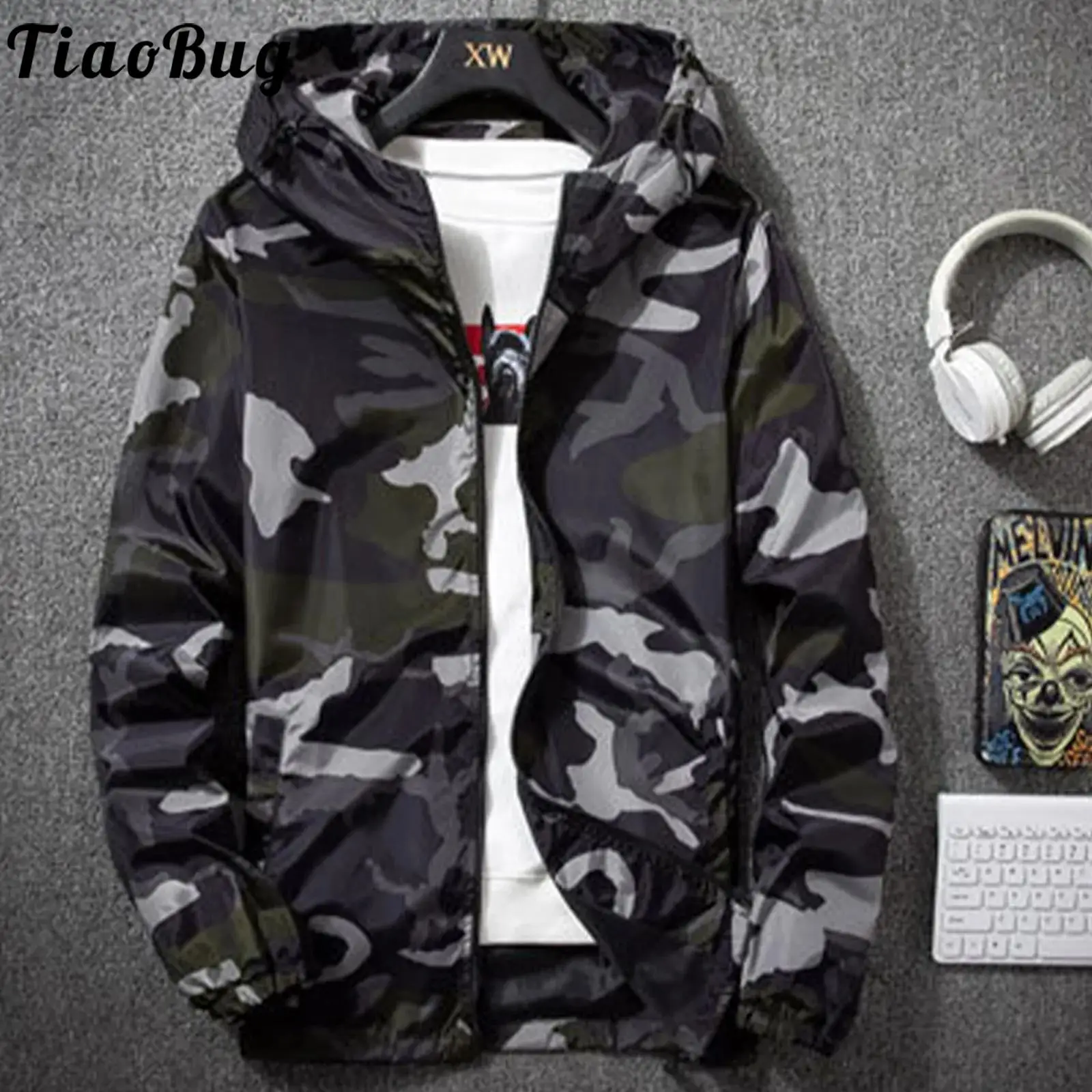 Men Camouflage Printed Hooded Jackets Long Sleeve Elastic Cuffs Zipper Pockets Baseball Coat Outerwear for Hiking Cycling Daily