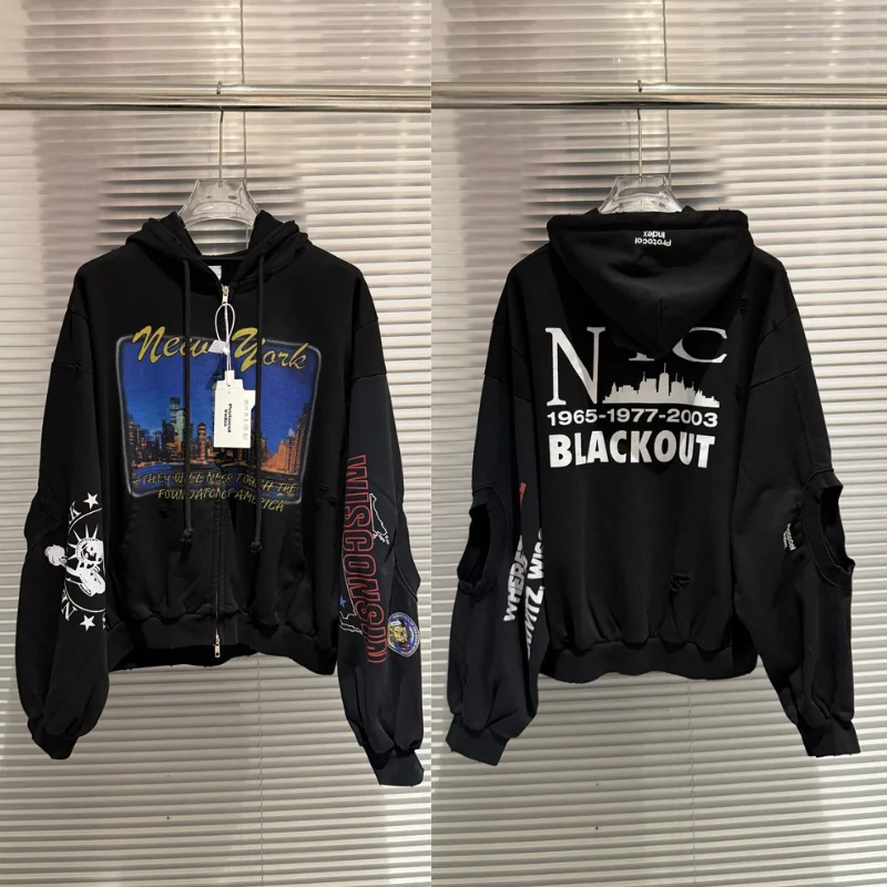 2026ss Protocol Zipper Hoodie Jacket High Quality Distressed Print Casual Unisex Long Sleeve Sweatshirt for Men Women