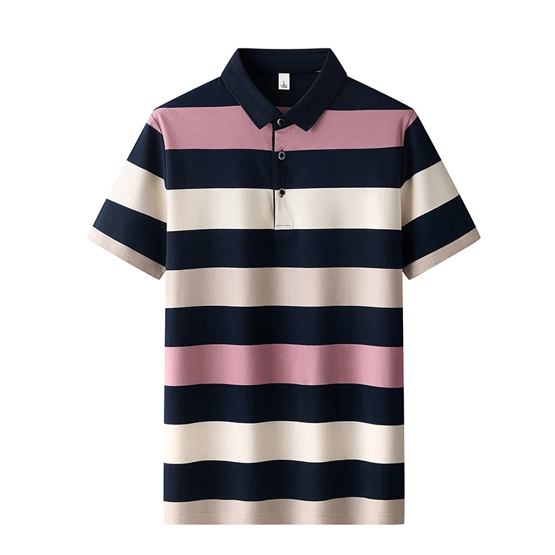 Minimalist Trendy Summer Men\'s Turn Down Collar Striped Button Contrast Color Fashion Casual Short Sleeve Loose Polo Shirts Tops