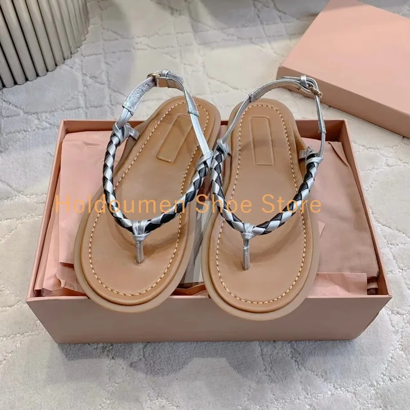 

Color Matching Braided Rope Flat Herringbone Sandals Genuine Leather Casual Versatile Sandals Shallow Slip On Women's Sandals