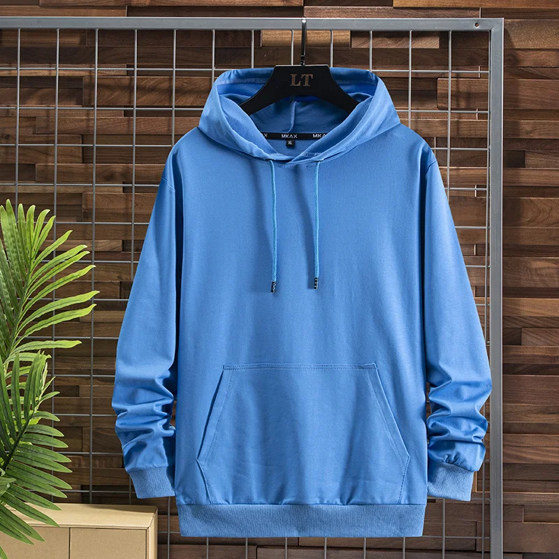 Solid Color Hooded Hoodies Men Kangaroo Pocket Elastic Hood Ribbed Cuff Sweatshirt Pullover Plus Size 6XL 7XL 8XL