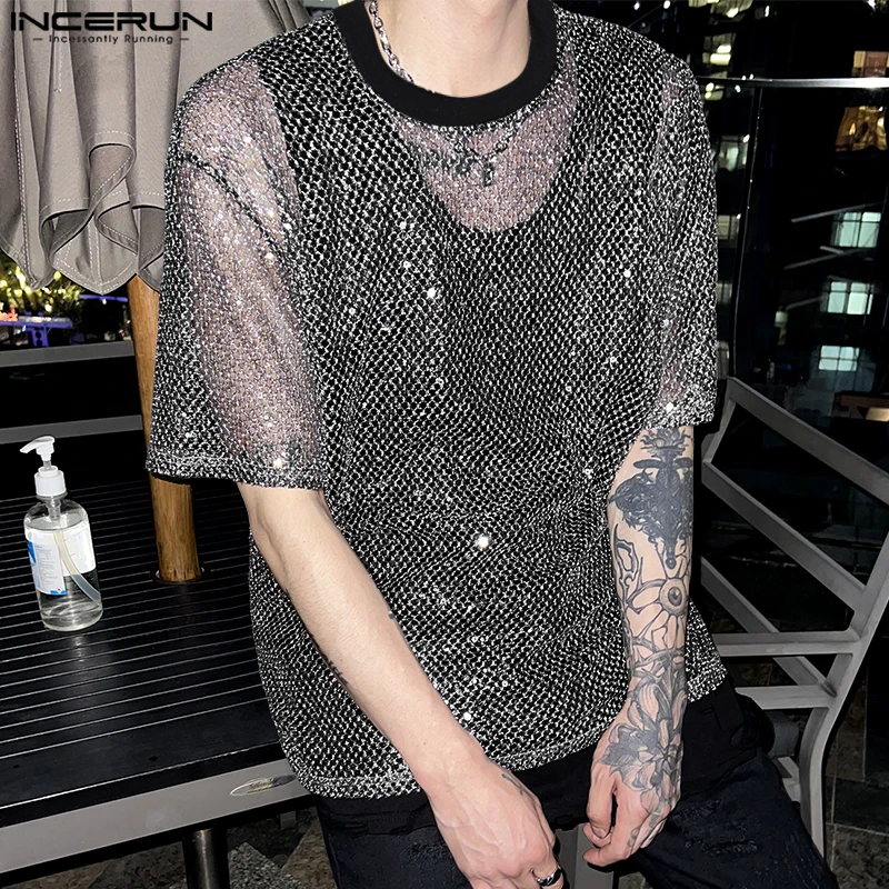 

INCERUN Men T Shirt Mesh See Through Shiny O-neck Short Sleeve Tee Tops Summer Streetwear Loose 2025 Party Sexy Men Clothing