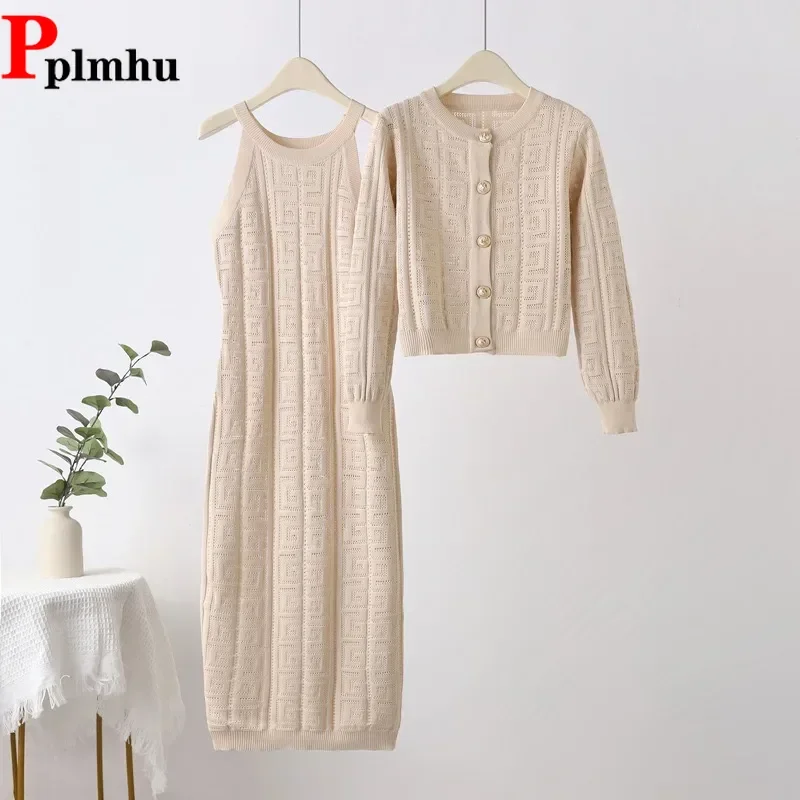 

Knited Fall Winter Warm Women 2 Piecce Sets Korea Sleeveless Dresses Outfit O-neck Single Breasted Cardigan Coats Tops Conjunto