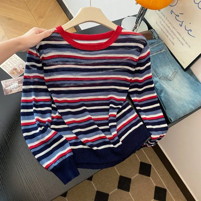 

Retro Contrast Color Striped Long Sleeve Knit Thin Sweater Female Fall 2025 New Design Sense Silm Inner Pullover Shirt Tops N965