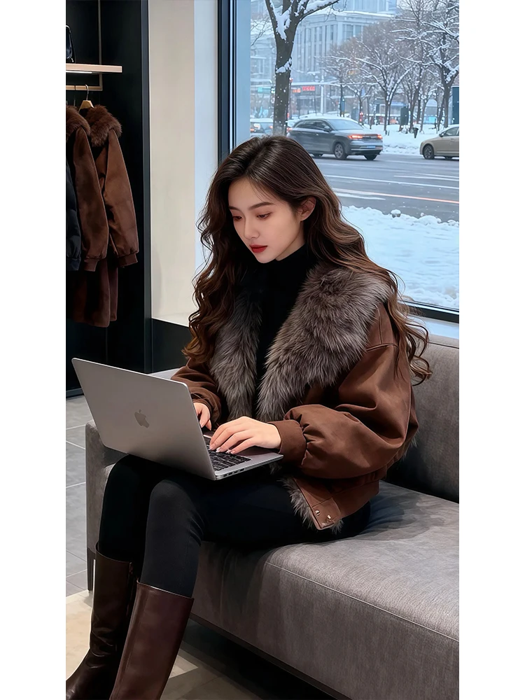 Retro Minimalist Style Women's Short Cotton Jacket Warm Fur Collar Loose Design Korean Version High-End Feel Outerwear