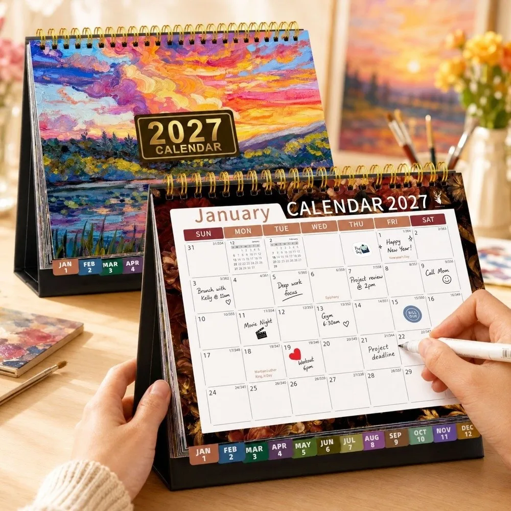 Floral Pattern 2027 Desk Calendar Standing Design Spiral Bound Standing Flip Calendar Decorative Coil Binding Table Calendar
