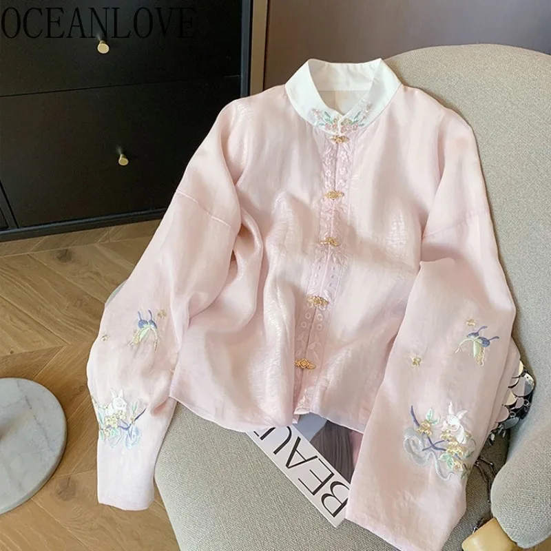 OCEANLOVE Pink Embroidered Shirts&blouses Women Tops Chinese Style Vintage Elegant Fashion Blusas Mujer Spring Autumn Camisas