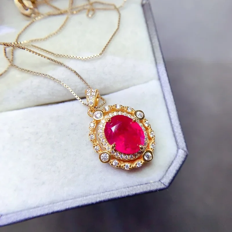 Cute Small 925 Silver Pendant 8x10mm Natural Ruby Pendant Allergy Free 18K Gold Plated Silver 925 Jewelry