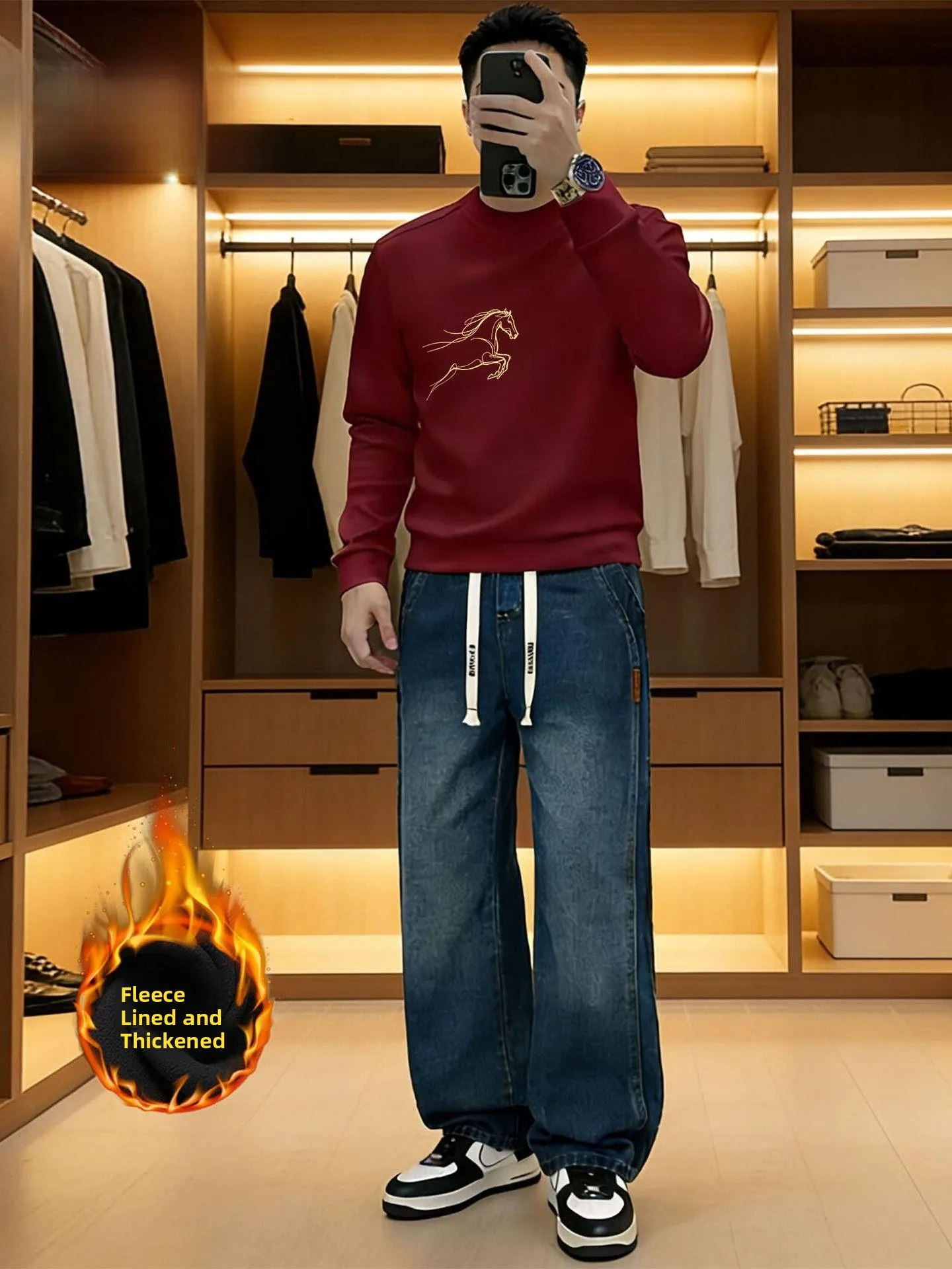 

Thiened Fce round Ne Sweatirt And Jeans Men's Casual Sportswear Set Winter Youth Long Sve Long Pants