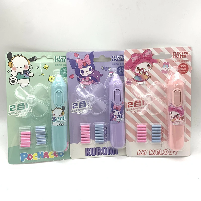 Sanrio 2in1 Multifunction Electric Eraser With Fan Kuromi Melody Electric Eraser Mini Portable Fan Chip Eraser Set