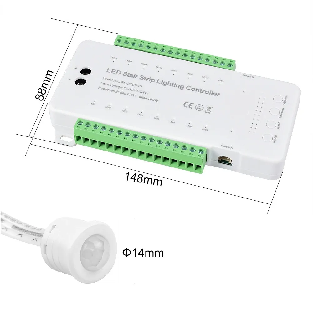 LED Stair Step Motion Sensor Light 16-way Controller Dimming Indoor Motion Night light 12V/24V Flexible Home Ambient Lighting