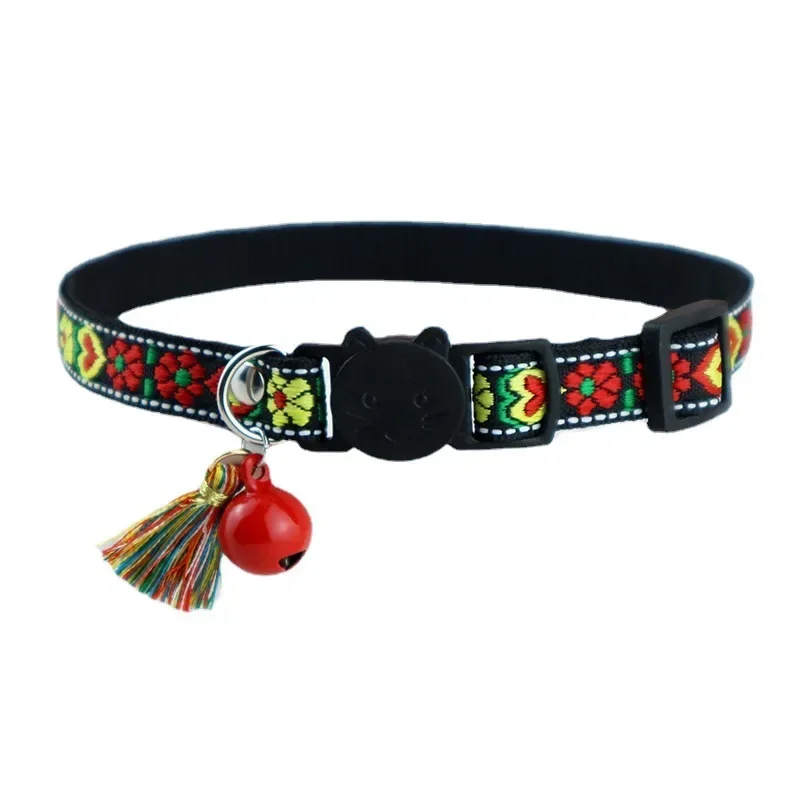 Adjustable cat collar with tassels and bells embellished pet collar colorful plaid jacquard pattern for cat and dog collars