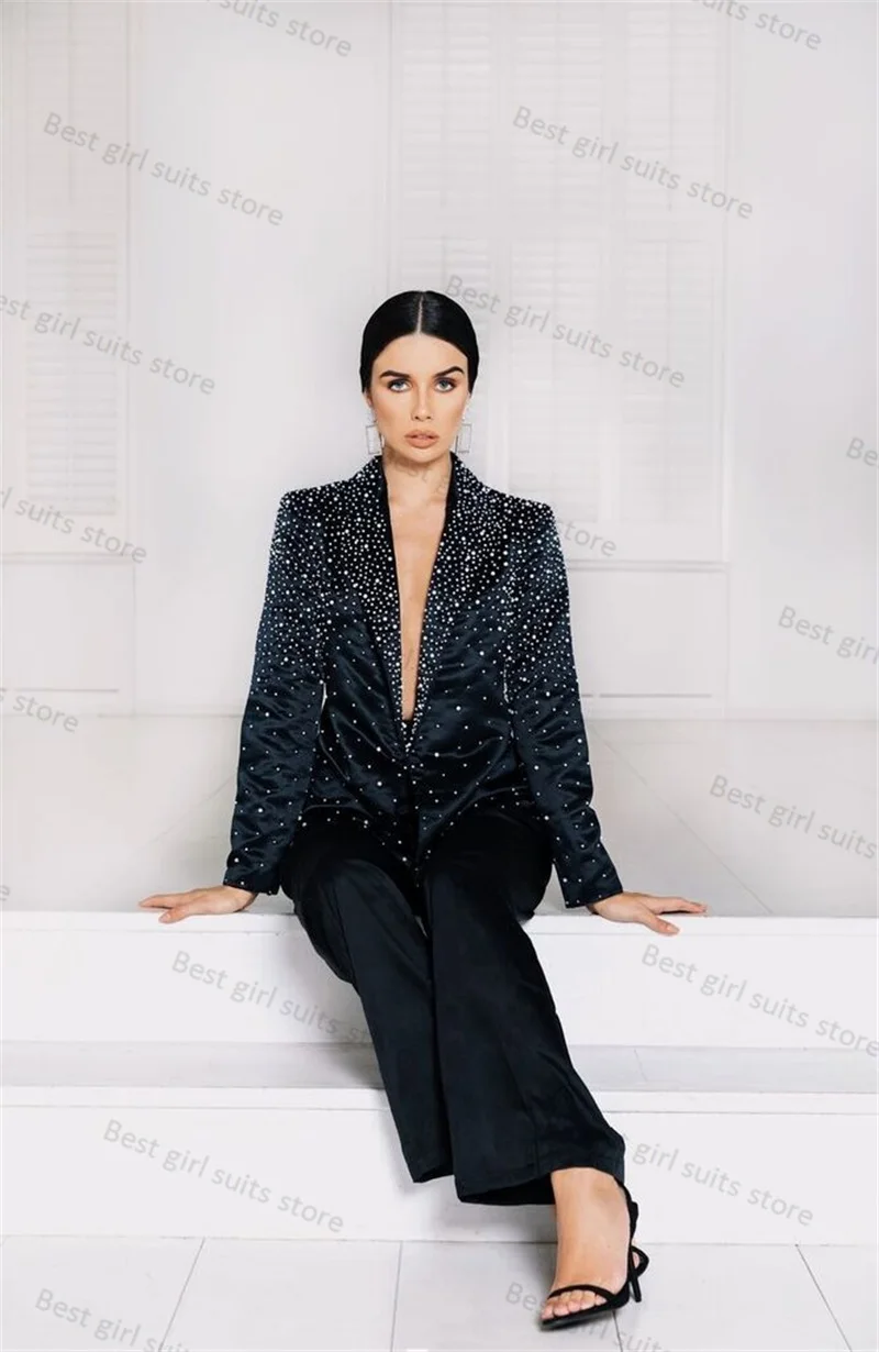 Satin Crystals Women Suit Set 2 Piece Blazer+Pants Wedding Tuxedos Formal Office Lady Jacket Coat Guest Prom Dress Tailored Made