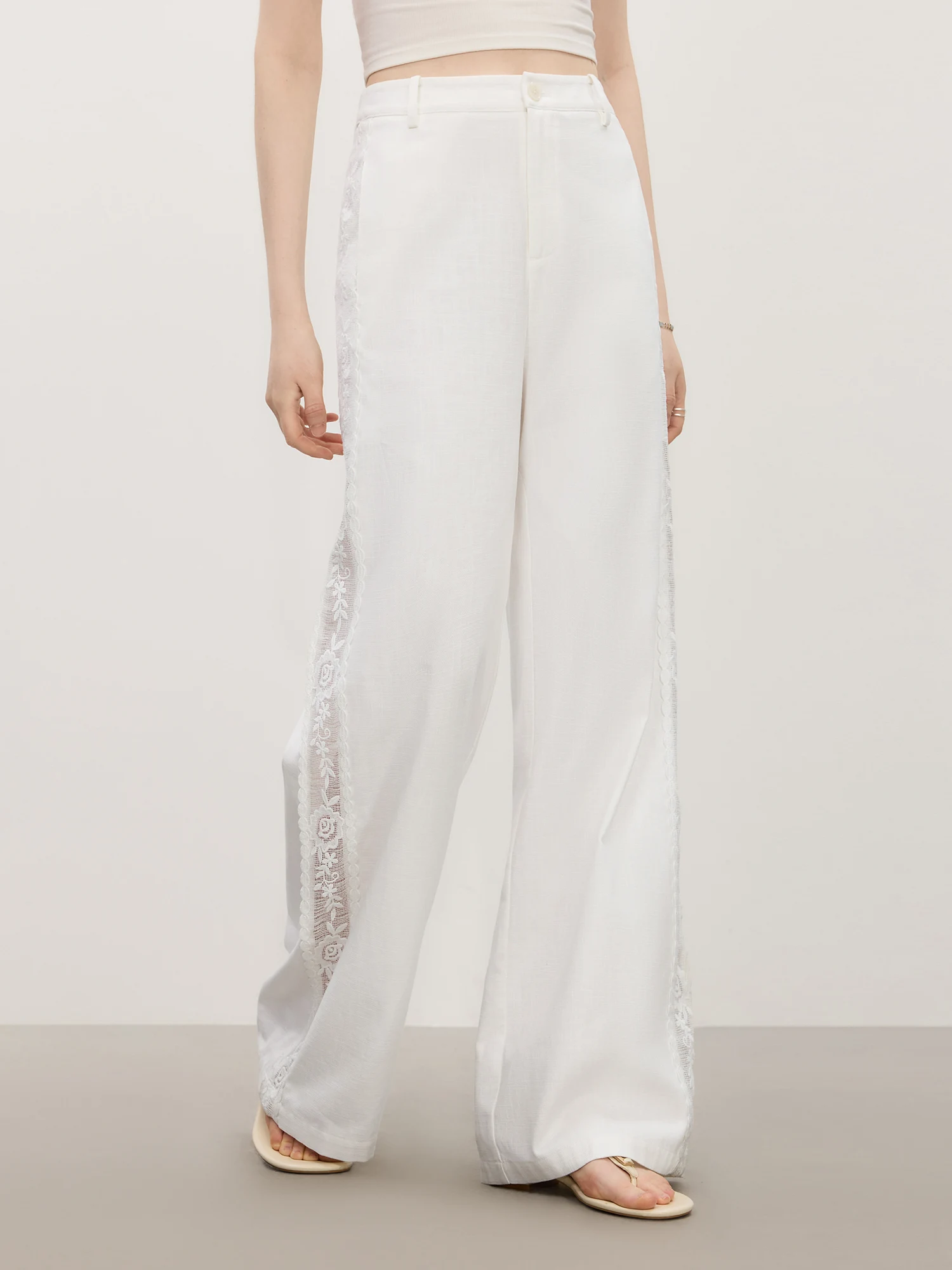 FSLE White Lace Trim Cut-out Patchwork Wide Leg Pants for Women 100% Cotton 2025 Summer New Arrival Office Outfits 25FS12767