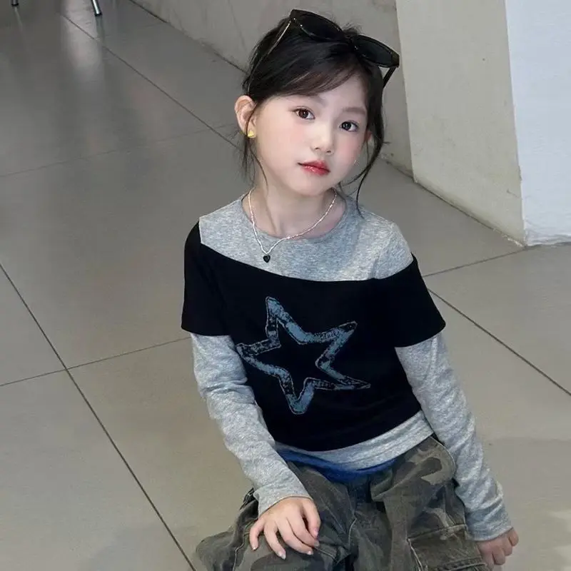 Girl's Fake Two-piece Base Shirt for Spring and Autumn 2025 New Children's Casual Top Korean Children's Long Sleeved T-shirt
