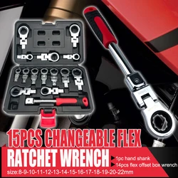 15 Pcs Set Ratchet Wrench Shaking Spanner Head Interchangeable Combination Set Rotatable 180 °Removable Flexible Torque Spanner