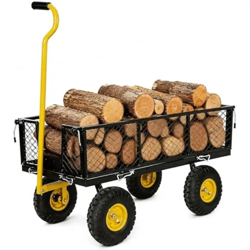 Heavy Duty Steel Utility Wagon with 800 LBS Capacity • 10 Inch All-Terrain Wheels • Yellow Mesh Sides • Rotating Ergonomic Handl