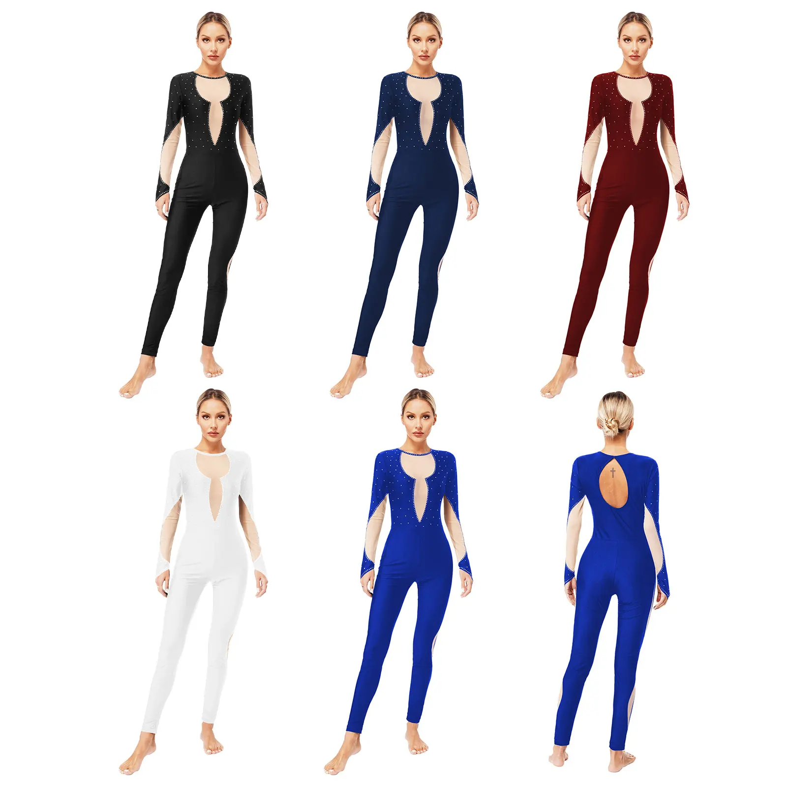 Ballet Unitards Gymnastics Leotard Womens Rhinestones Sheer Mesh Long Sleeve Bodysuit Figure Skating Dance Performance Costume