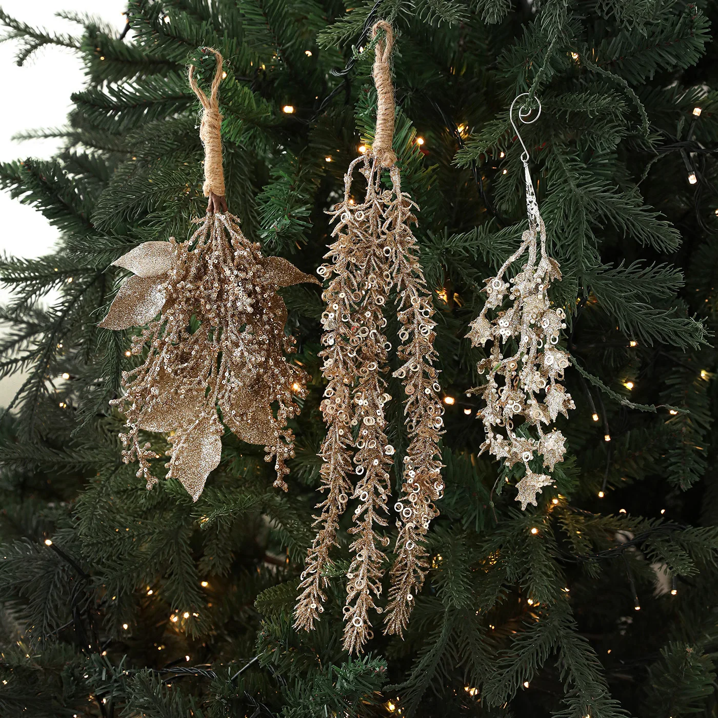 

Champagne Tree Branch Hanging Branch Flower Arrangement Gold Powder Sequins Plastic Simulation Tree Leaves Christmas Tree Decor