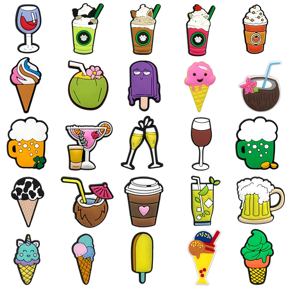 1/25 Stück Niedliche Getränke- & Dessert-PVC-Schuh-Charms für Clogs, Eiscreme, Kokosnuss, Bierkrug DIY-Zubehör für Mädchen & Teenager Geschenke