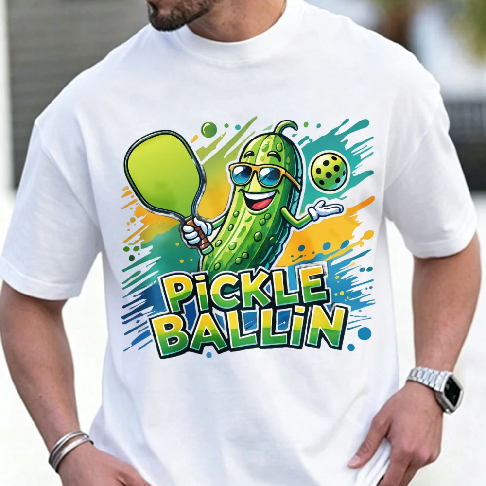 Cool Cartoon Sunglasses Pickle Pickleball Graphic Cotton Tshirt Pickle Ballin Splash Paint Print Unisex Sports Lover Outdoor Top