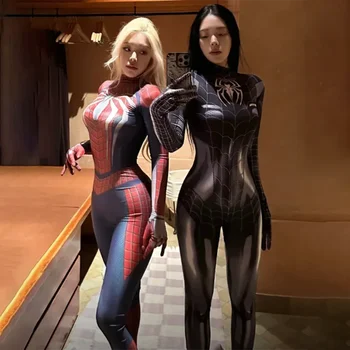女性のためのスパイダーマンコスプレ衣装,セクシーな全身タイツボディスーツ,黒のジャンプスーツ,ハロウィーンのパーティードレス