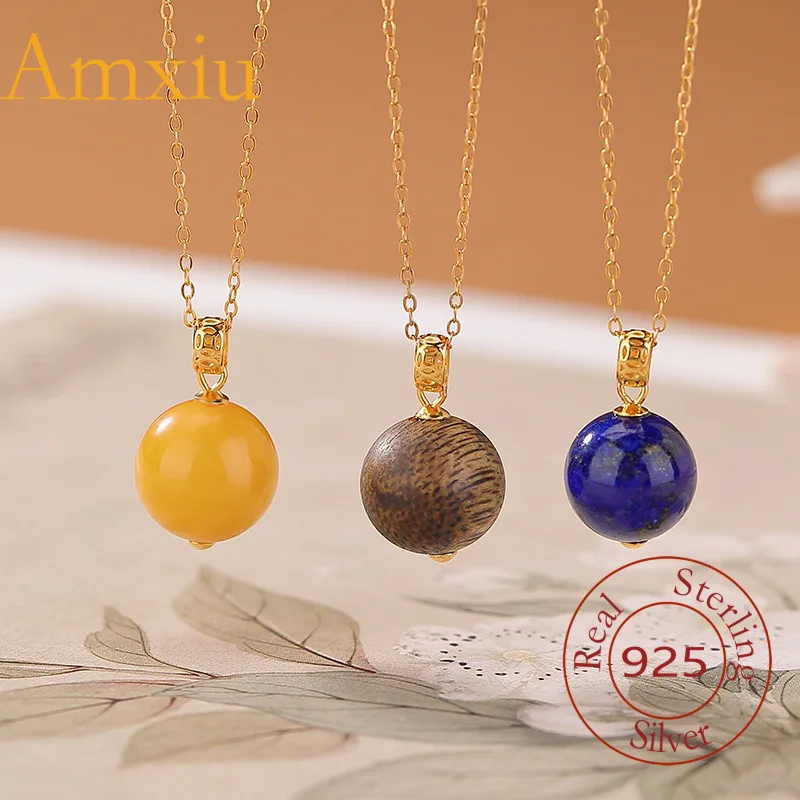 

Amxiu Sterling Silver 925 Qinan Agarwood Gold-Plated Amber Lapis Lazuli Round Bead Copper Coin Geometric Simple Pendant