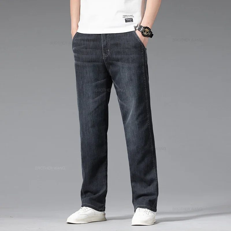 Summer Thin Men\'s Loose Jeans Blue Gray Elastic Waist Stretch Straight Fashionable Light Business Casual Denim Long Pants Male