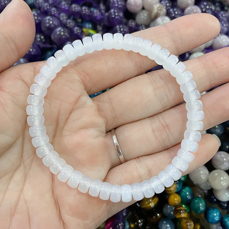 Natural White Agate Tablet Cut Beaded Bracelet, Flat Slice Gemstone Single Strand Bracelet Worry Stone Crystal Jewelry for Women