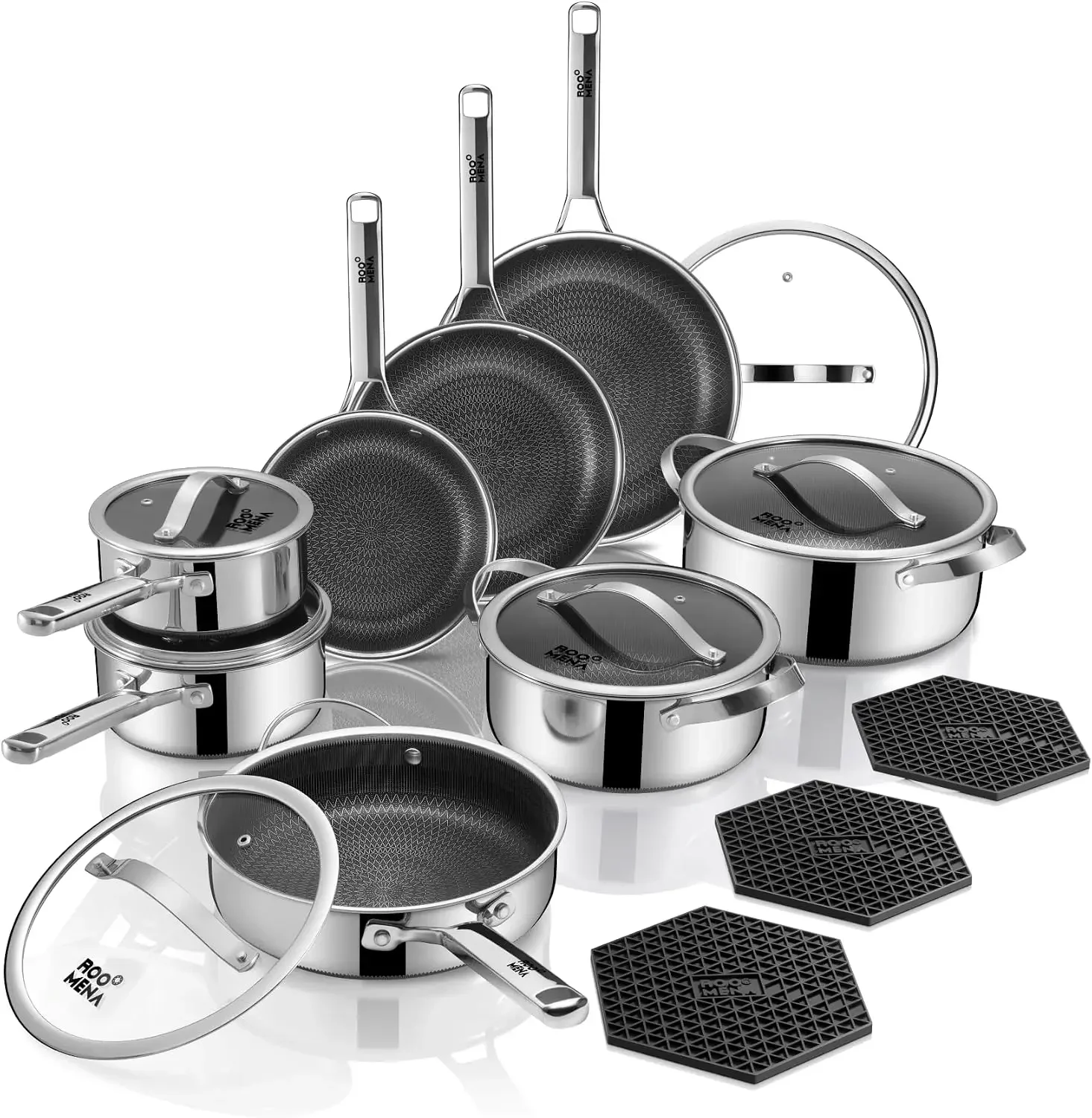 Pots and Pans Set Hybrid Stainless Steel, 17PC Nonstick Tri-Ply Cookware Set w/Frying pan, Dishwasher & Oven Safe, PFOA-Free, Me