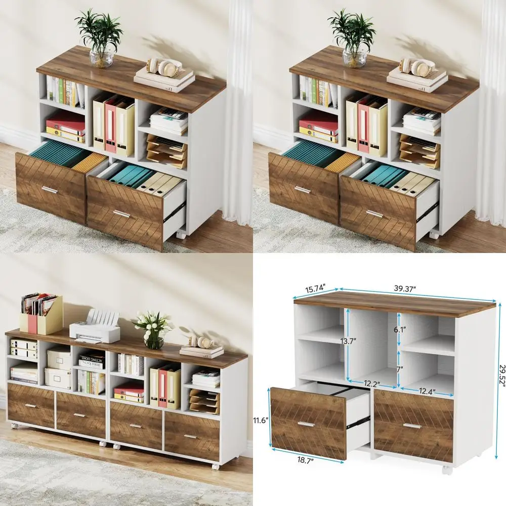 

2-Drawer Wood Cabinet, Mobile Lateral Filing, Hanging Letter Size Files, Printer Stand with Open Storage Shelves for Home Office